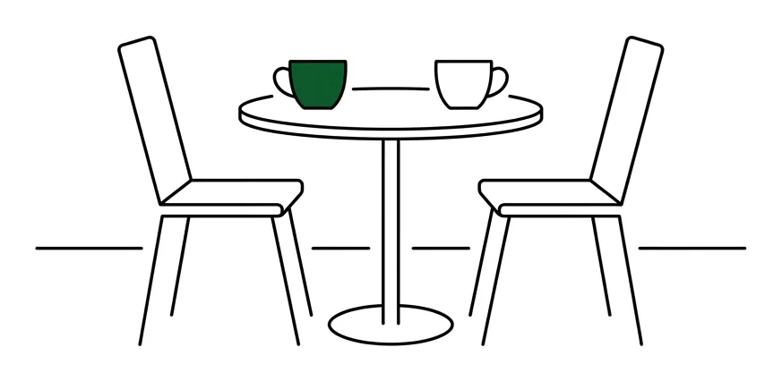 Line drawing: a small table with two chairs and two cups, one cup green.