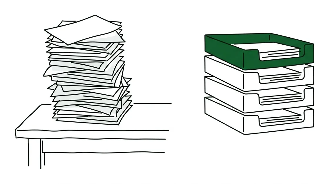 Line drawing: a tall pile of papers on a desk, and the same papers sorted into four trays, one of them green.