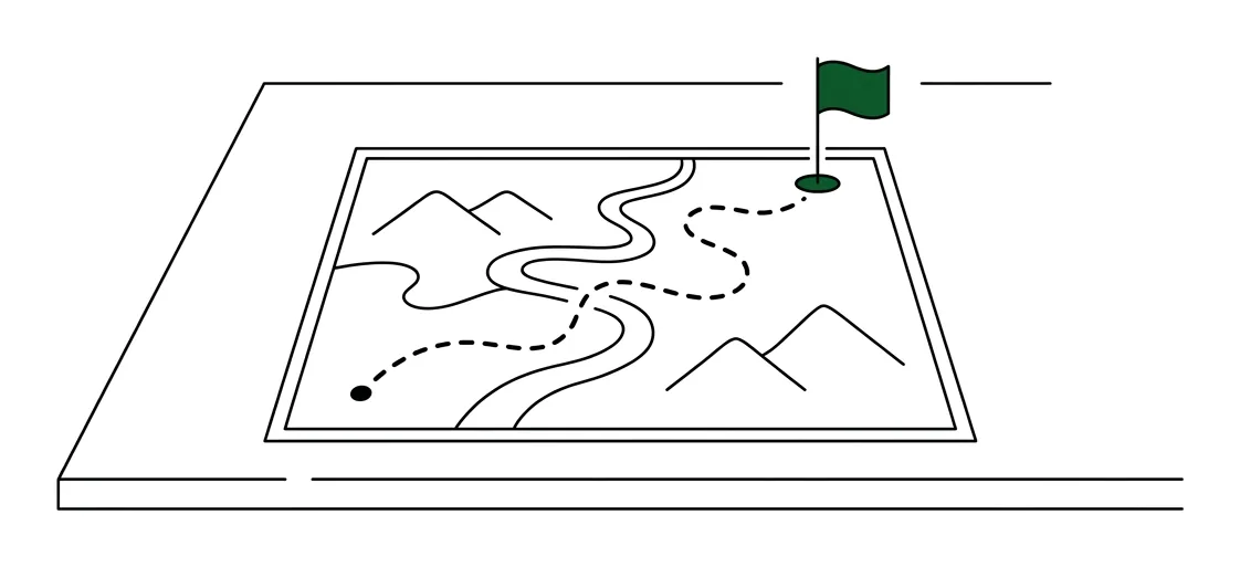 Line drawing: a map on a table with one route drawn to a green flag.